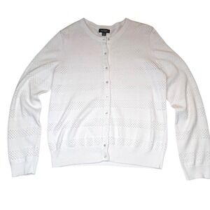 Lord & Taylor Cardigan Pointelle Knit Button Front White Cotton Classic Size L